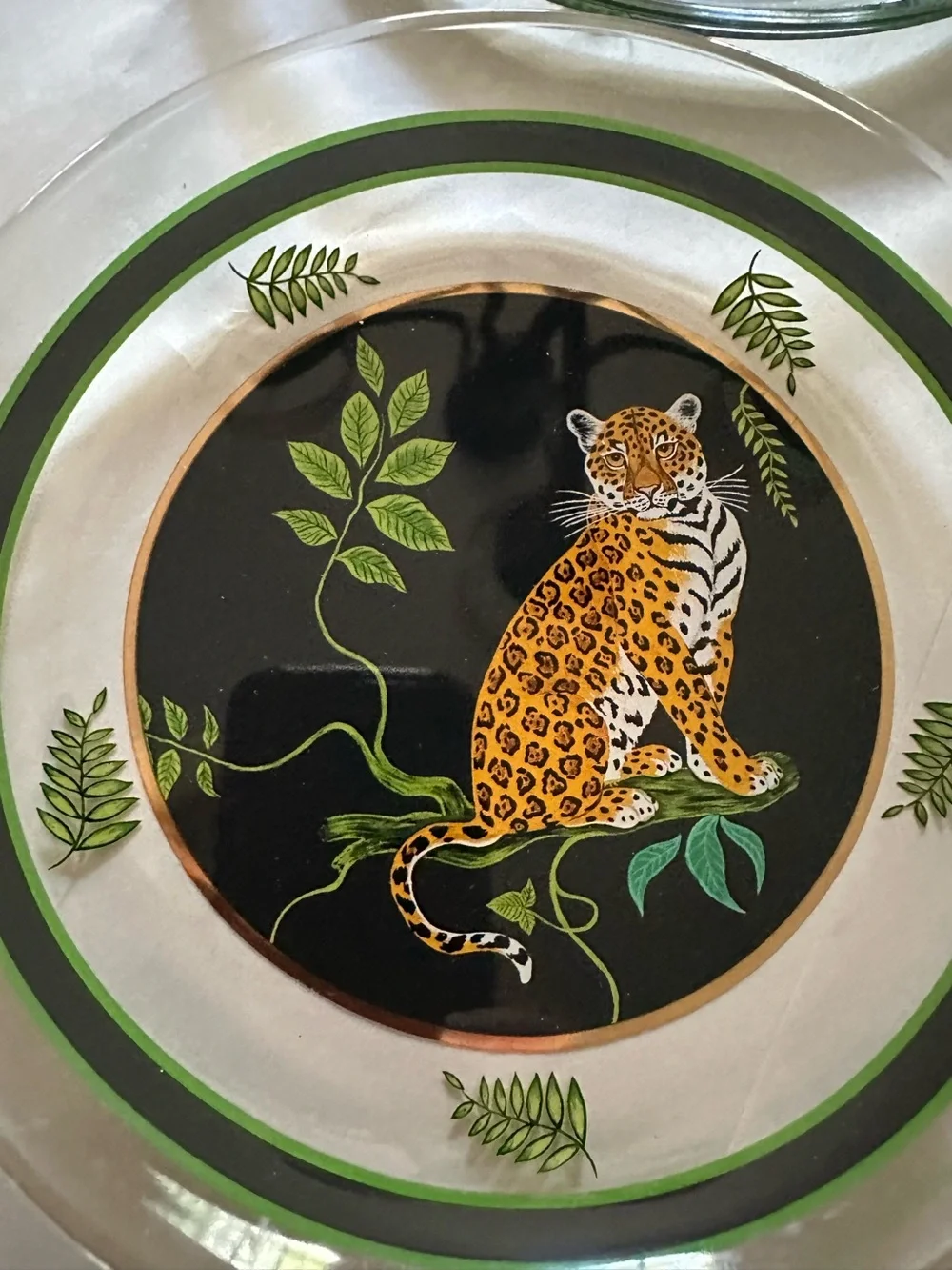 Set of 10 Lynn Chase Decorative Leopard Glass salad Plates- Green Accent